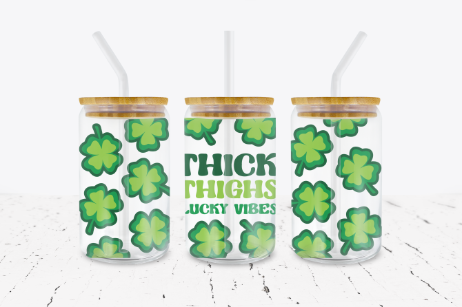 Thick Thighs & Lucky Vibes - 16 oz Libbey Glass Can Wrap – Crafty ...