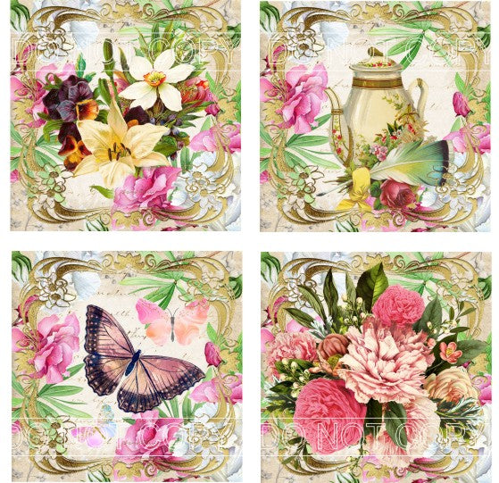 Antique Teapot & Floral Square Coaster Kit - Includes 4 Coasters