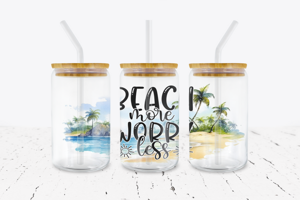 Beach More Worry Less - 16 oz Libbey Glass Can Wrap