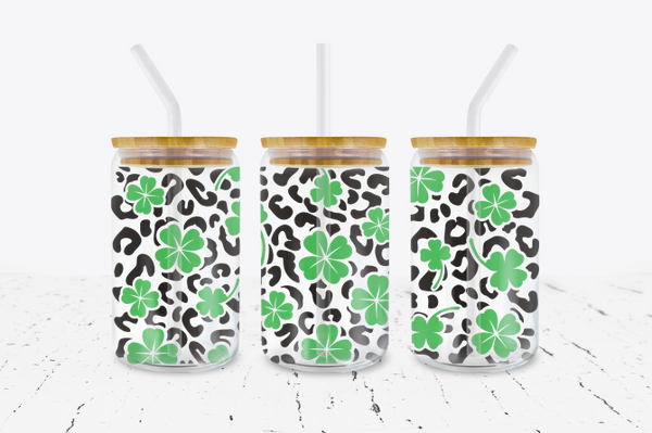 Clovers & Leopard - 16 oz Libbey Glass Can Wrap