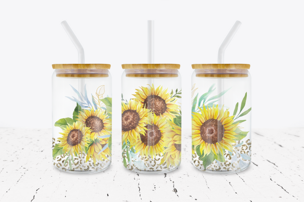 Sunflowers Leopard Bottom - 16 oz Libbey Glass Can Wrap