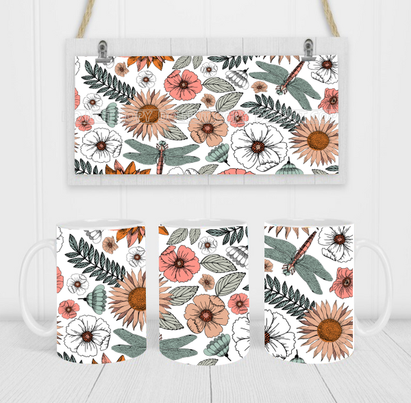 Boho Flowers & Dragonfly - Coffee Mug Wrap - Sublimation Transfers