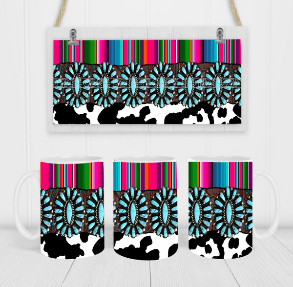 Western Gems, Cow Print & Serape - Coffee Mug Wrap - Sublimation Transfers