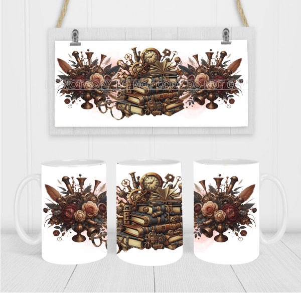 Steampunk Stacked Books - Coffee Mug Wrap - Sublimation Transfers