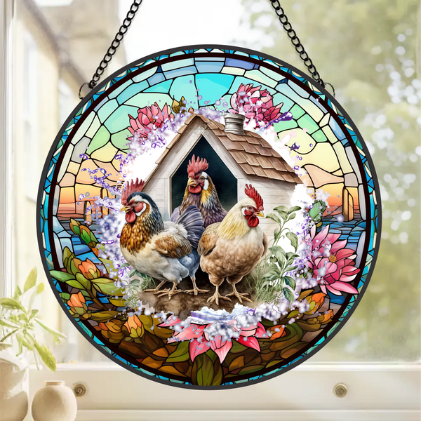 Country Chickens - Stained Glass Effect - Clear Vinyl Transfer