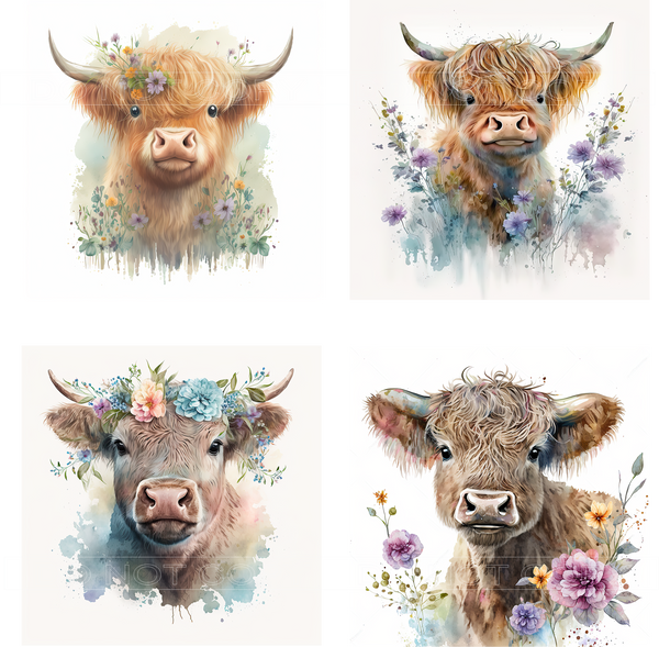 Country Highlander Cow Square Coaster Kit - Includes 4 Coasters