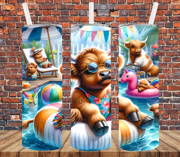 Shaggy Cow on Pool Float - Tumbler Wrap - Sublimation Transfers