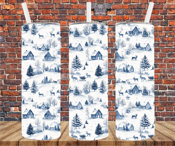 Delft Snowy Cabin & Deer - Tumbler Wraps - Vinyl Transfers