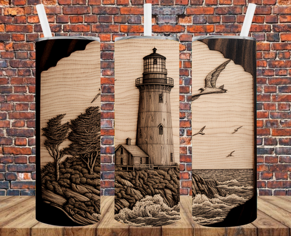 Wood Grain Lighthouse - Tumbler Wrap - Sublimation Transfers