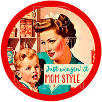 Just Wingin' It Mom Style - Vintage Mom - Round Template Transfers for Coasters