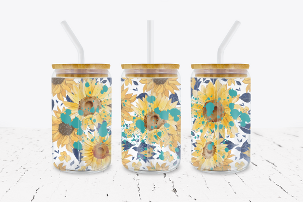 Sunflowers & Cow Print - 16 oz Libbey Glass Can Wrap
