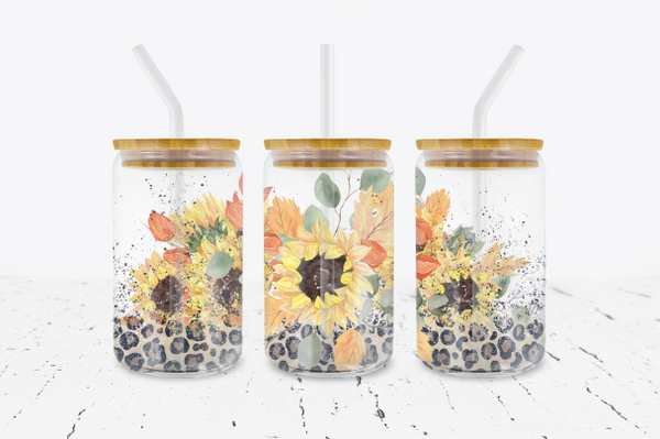 Sunflowers with Leopard - 16 oz Libbey Glass Can Wrap