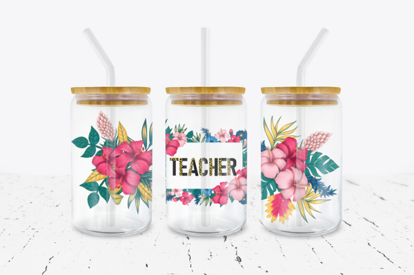 Teacher Vibrant Floral - 16 oz Libbey Glass Can Wrap