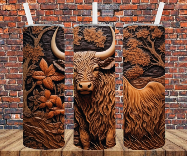 Carved Wood Bull - 3D Effect - Tumbler Wrap - Sublimation Transfers