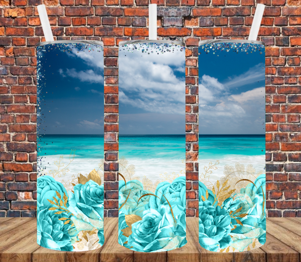 Ocean with Floral - Tumbler Wrap Vinyl Transfers