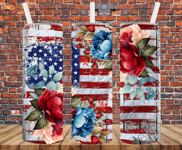 American Flag Floral - Tumbler Wrap - Sublimation Transfers